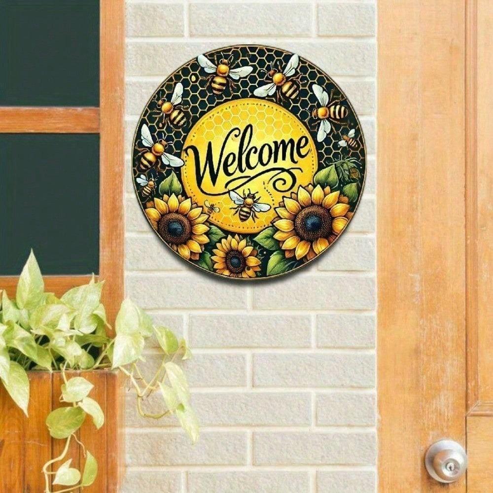 Vintage Bee Welcome Wreath Metal Wall Sign 8x8 Inch Rustic Aluminum Decor Outdoor Plaque For Front Door Porch Home