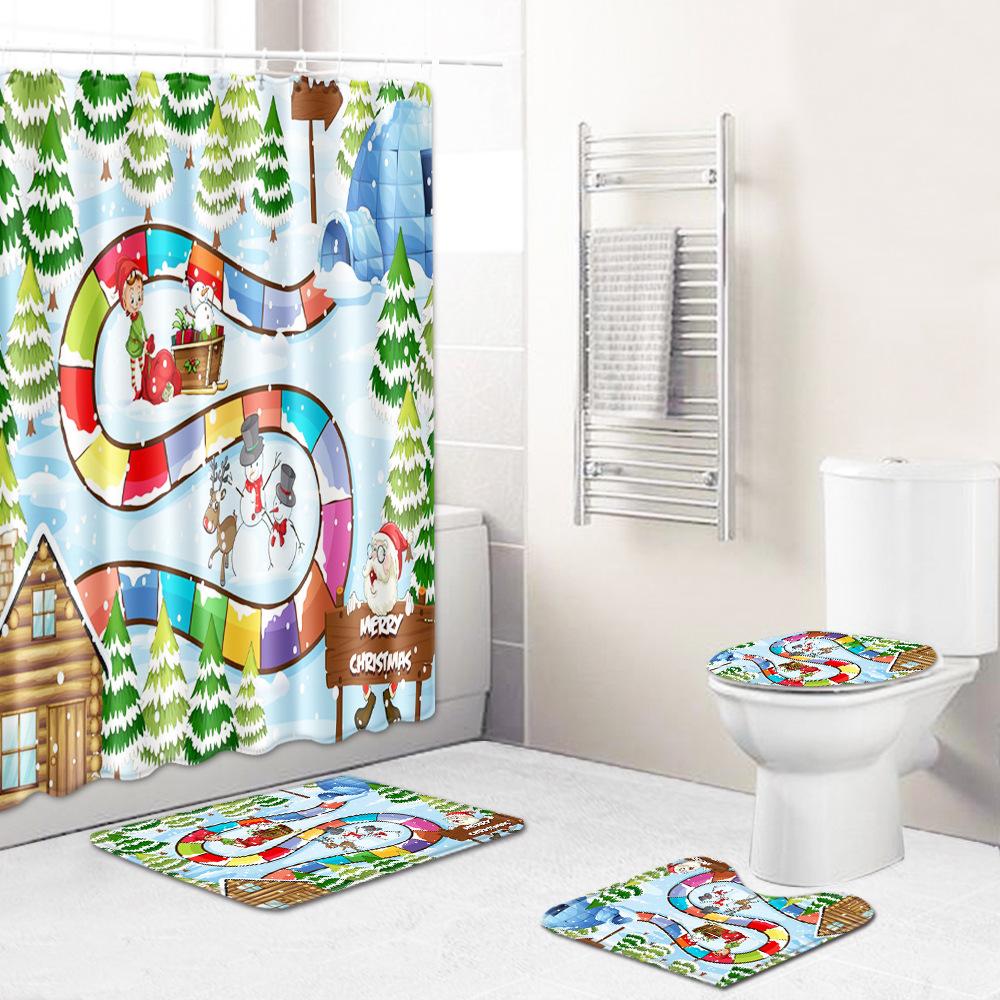 Christmas Shower Curtain Four-Piece Toilet Floor Mat Non-Slip Doormat Water Absorption And Dust-Proof Carpet