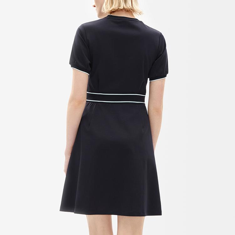 Fila Solid Color Logo Elegant Sports Casual Breathable Knitted A-Line Short Sleeve Dress Women Dresses Legendary-Blue F11W237308FNV