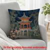 2D Flat Printing, 1pc, Traditional Chinese Pavilion with Red Pillars and Gray Roofs Surrounded by Cherry Blossoms and Water, Pillow Cover, Polyester, 