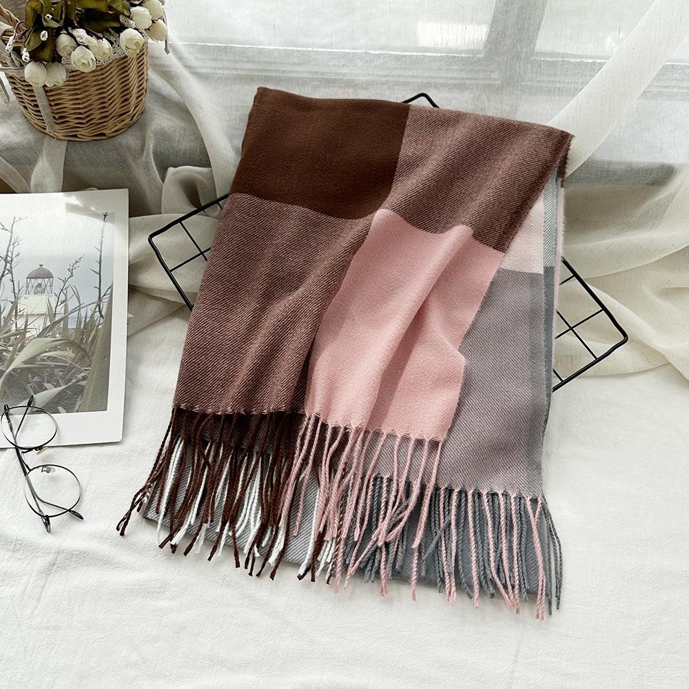 Warm Women's Scarf Winter Imitation Cashmere Color Block Plaid Shawl Long Tassel Fashion Scarf Scarf