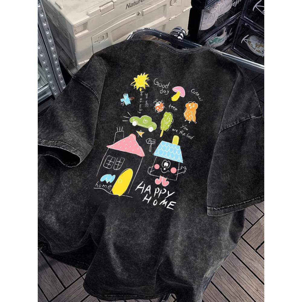 Retro Washed Black Happy Home Print T-Shirt Women Korean Style Cute Doodle Cotton Short Sleeve Tee S