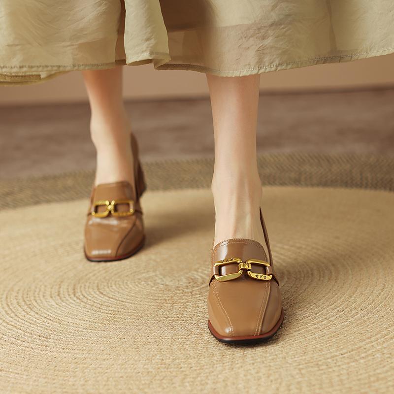 Fashion New Spring Woman Shoes Leather Shoes Women Slip-On Loafers Women Pumps Metal Chain Square Toe High Heels Shoes Zapatos De Mujer
