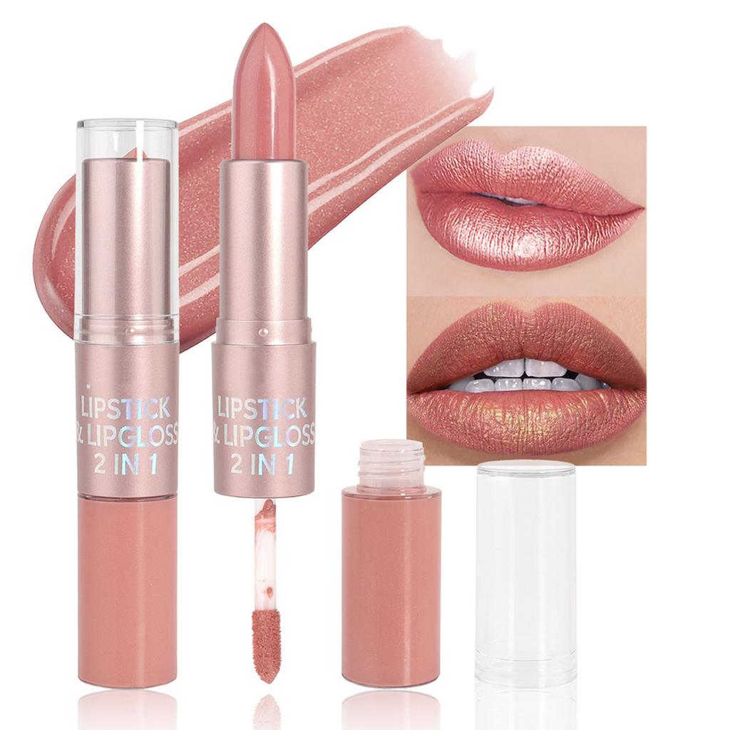 Damen Dual-Tip Lippenfarbe, Feuchtigkeitsspendendes Schimmer-Finish, Langanhaltender, Nicht Klebriger Flüssig-Lippstift, 2-in-1 Make-up Essential