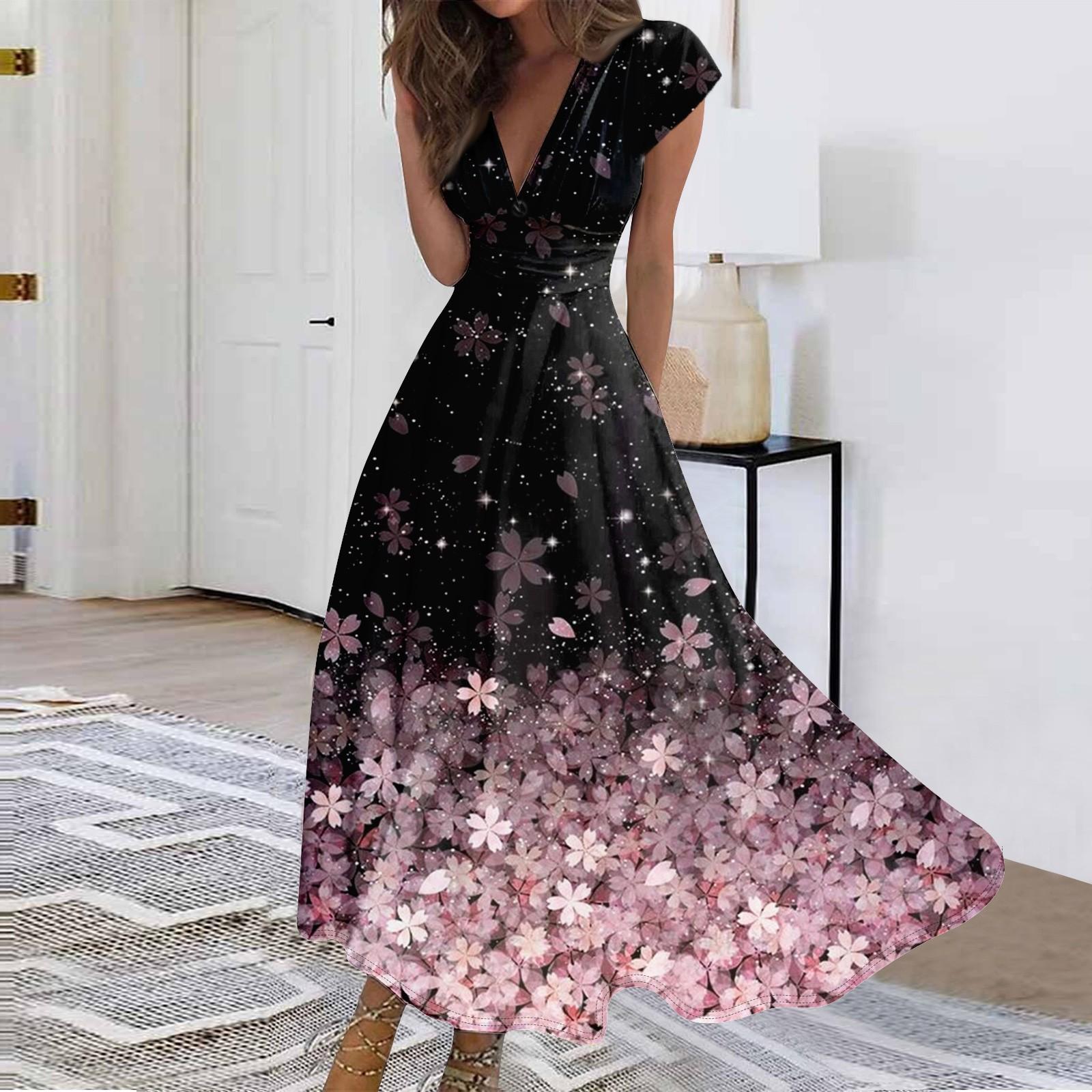 

Женское длинное платье Платье макси Повседневное платье Шифоновые платья Свободное платье Повседневное платье для взрослых на открытом воздухе Повседневное платье с рюшами и коротким рукавом с v-образным вырезом M розовый