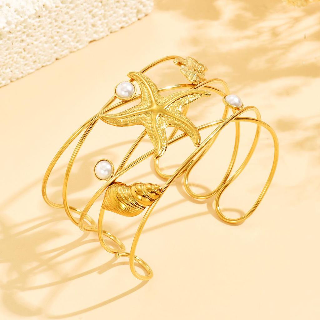 Stainless Steel Marine Seashell & Seahorse Cuff Bracelet - Beach Vacation Style
