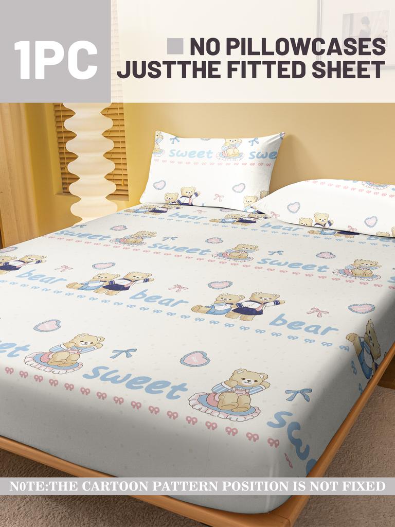 1 Cartoon Cute Animal Bear Printed Matte Fitted Sheet, Bedroom Printed Bed Cover, Bedding (Excluding Pillowcases)