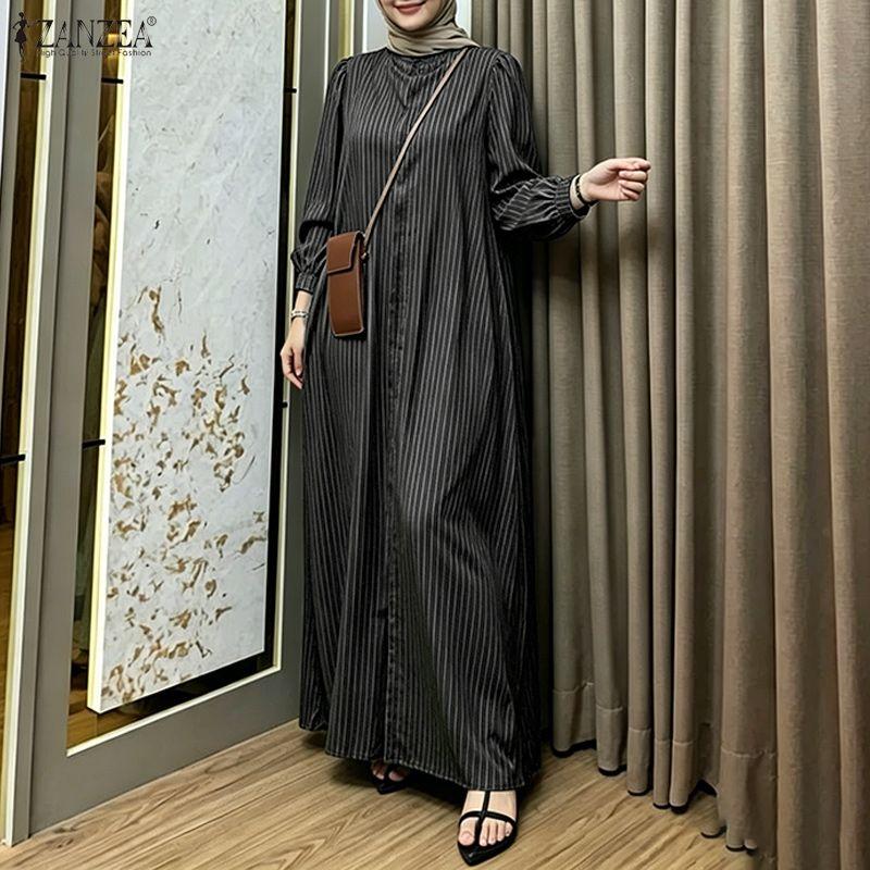 ZANZEA Women Casual Round Neck Loose Long Sleeve Stripe Dress