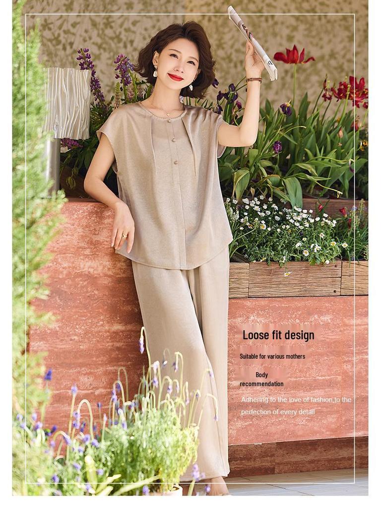 Mom’s Summer Fashion: Elegant Two-Piece Slimming Set for Middle-Aged & Elderly Women