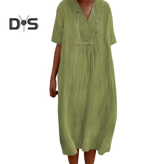 Summer Women Dress V Neck Short Sleeves A-line Solid Color Big Hem Loose Pullover Casual Daily Wear Midi Dress Dating Commuting Long Dress