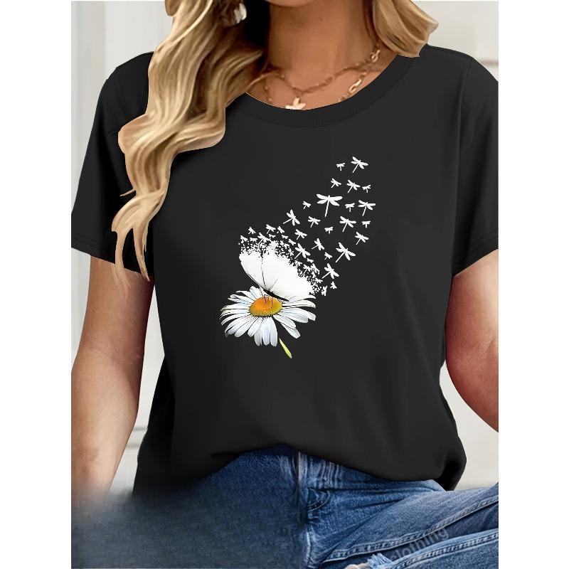 

European sizes Women s Casual Short Sleeve T-Shirt - Navy Blue Artistic Daisy & Birds Graphic Print, Round Neck Spring Summer Essential 4XL чорний