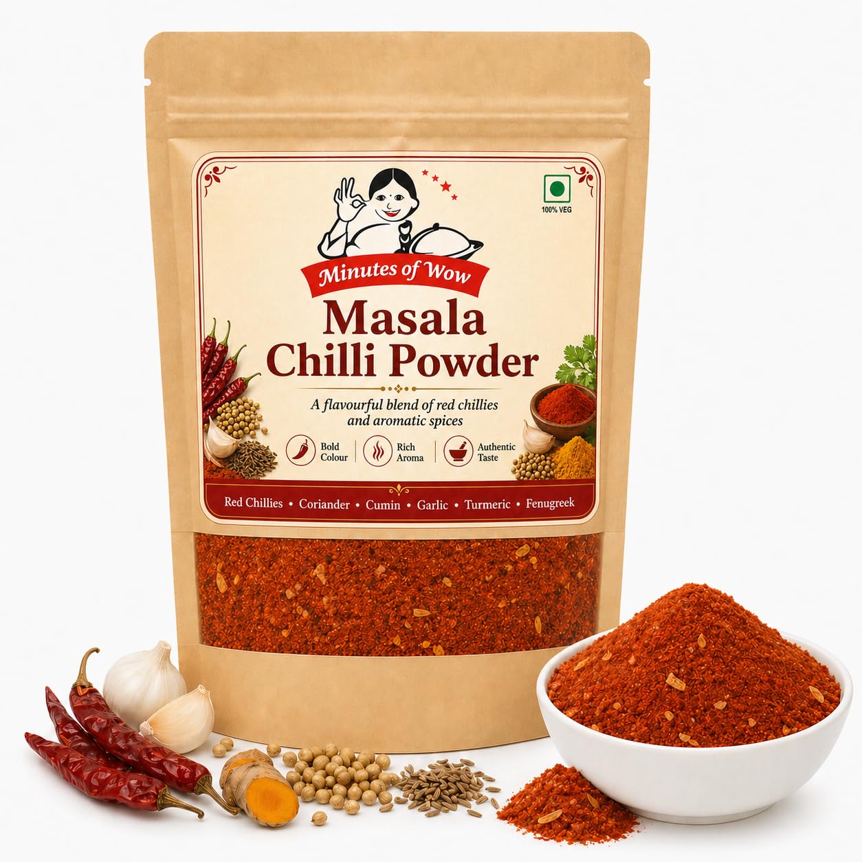 Minutes of Wow Masala Chilli Powder 200g, Red Chilli Masala Blend with Coriander, Cumin, Garlic, Turmeric & Fenugreek, Aromatic Indian Spice Mix fo