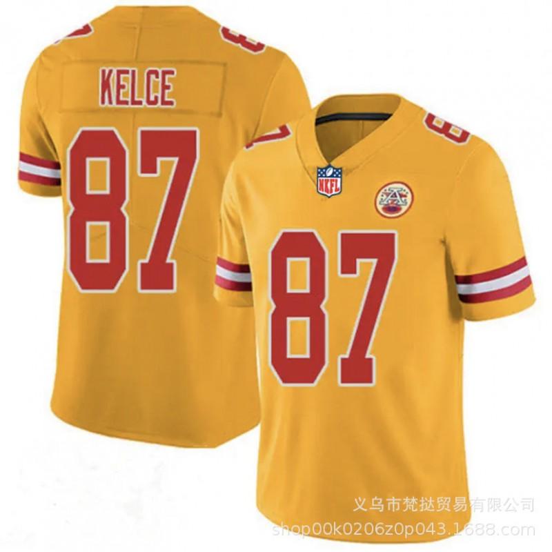 Pánský fotbalový dres NFL Kansas City Chiefs Mahomes 15 Kelce 87 Vyšívaný Červený Bílý Žlutý Krátký Rukáv Sportovní Oblečení
