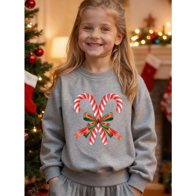 European sizes Kids' Round Neck Sweatshirt, Active Sweatshirt, Trendy Christmas Candy Cane Themed Sweatshirt, Holiday Gift, Cartoon Fashion Print