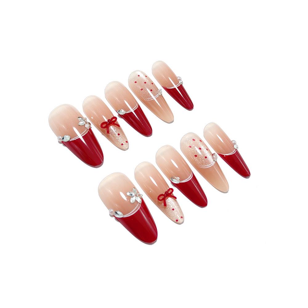 Ankela 3D Red Butterfly Cat Eye French Press-on Nails with Polka Dot Glitter - Long Tips Medium