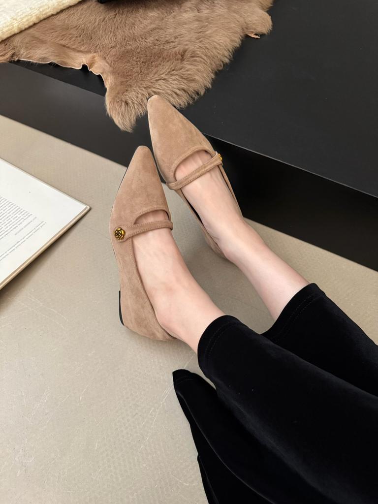 2025 Autumn and Winter New European and American Suede Camellia Pointed Thick Sole Inner One-word Buckle Single Shoes