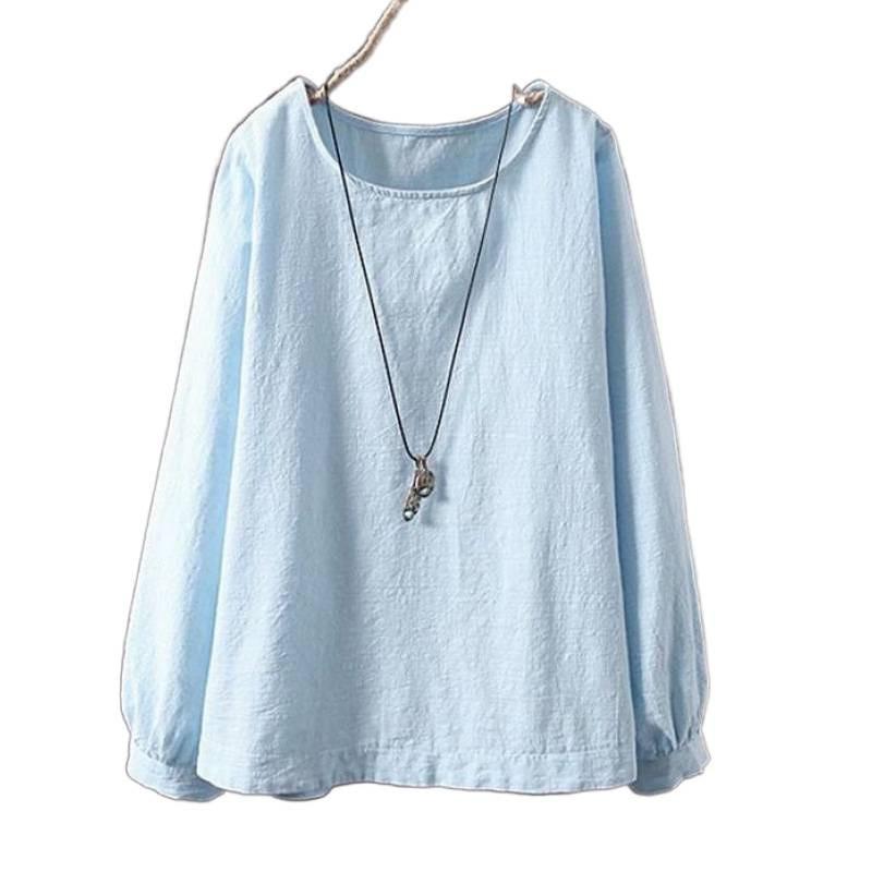Cotton Linen Long Sleeve Shirt For Women With Round Neck And Relaxed Fit