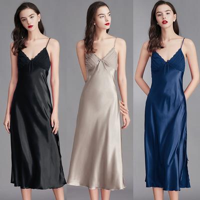 Large Size Women's Summer Loungewear Ice Silk Slip Dress Sexy Lace Sleepwear Solid Long Nightdress
