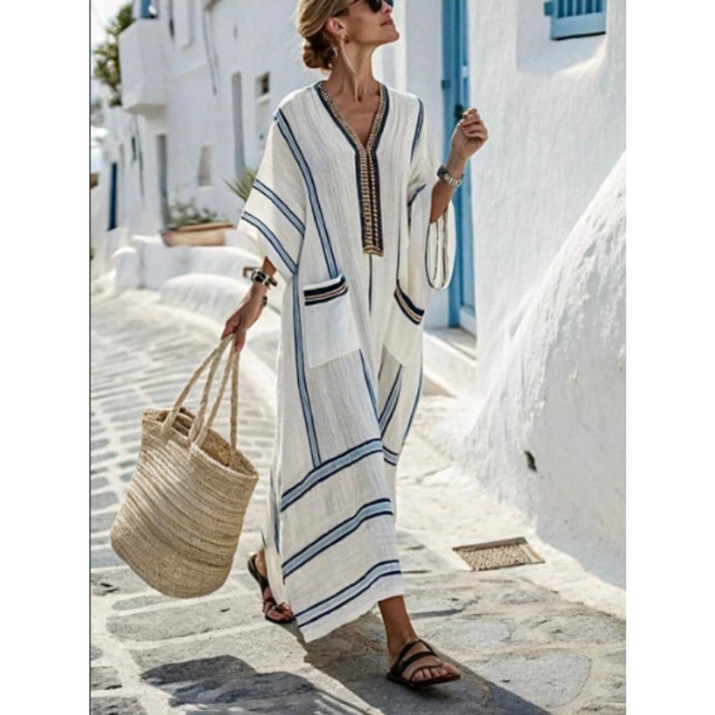 Damen V-Ausschnitt 3/4 Ärmel Gestreift Leinenmischung Maxikleid Lässig Locker Strandkleid mit Taschen
