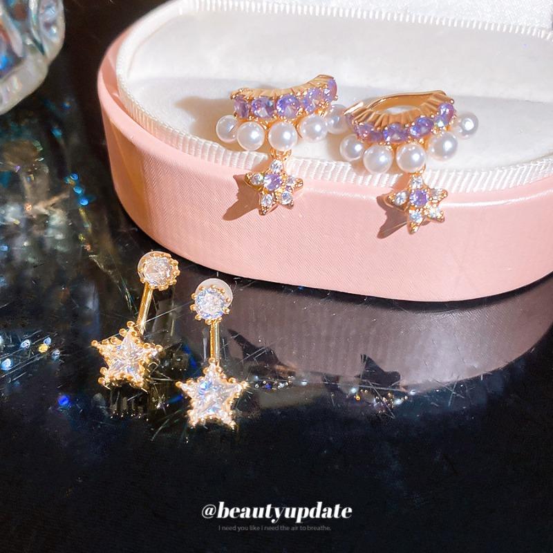 Early Summer Love Song~ Super Sparkling Zircon Round Star Stud Earring Clip Set Light Luxury Advanced Sense No Ear Piercing Ear Bone Clip