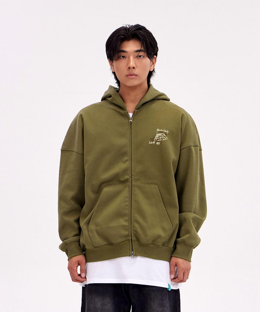 Astral Projection Graffiti Oversized Wide Shoulder Zip-Up Hoodie_Green Brown