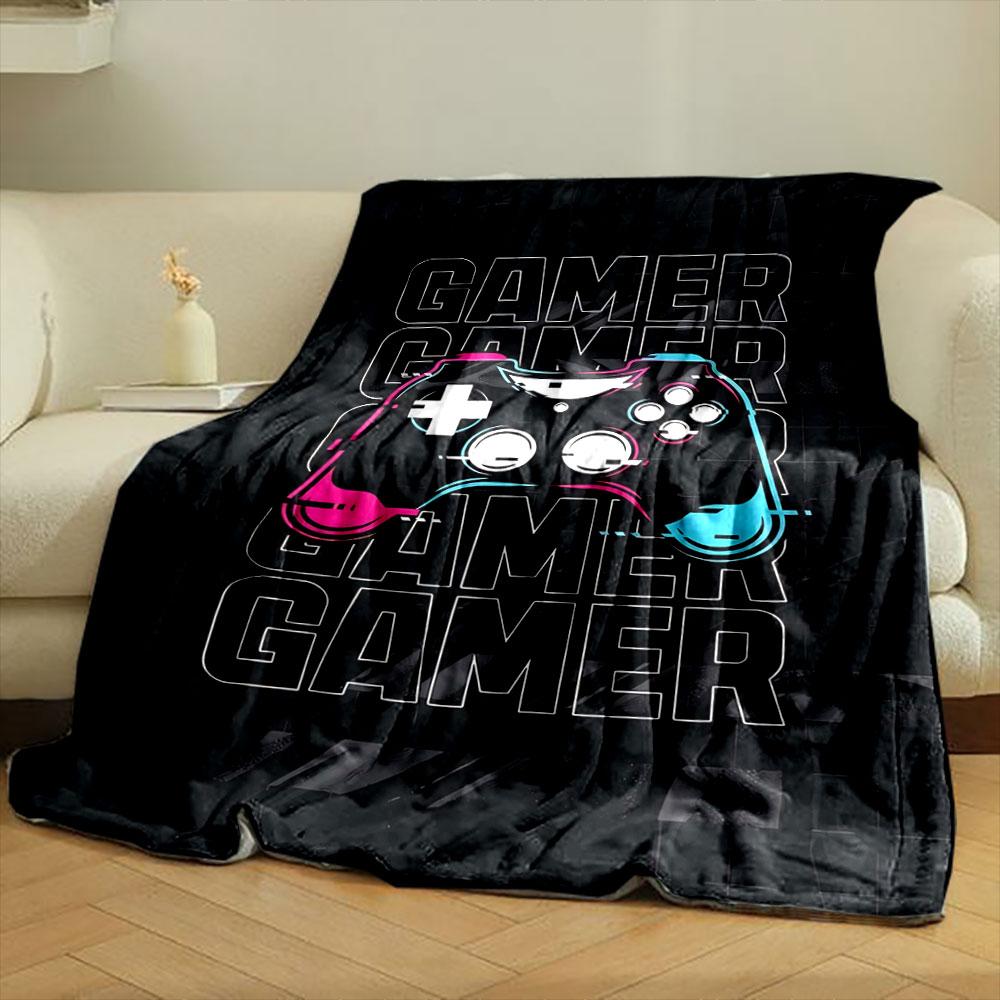A Colorful Game Controller Over Repeated "GAMER" Text On a Dark Background. for All Seasons Blanket Lunch Break Throw Gift