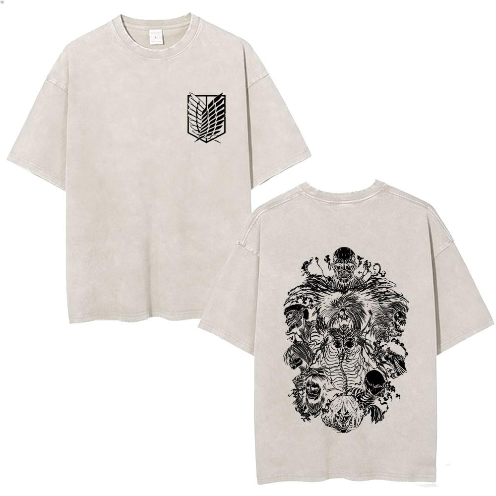 Washed Vintage Anime Attack On Titan Eren Jaeger Skeleton Graphic T Shirt Men Women Cartoon Manga Oversized Tshirts Streetwear