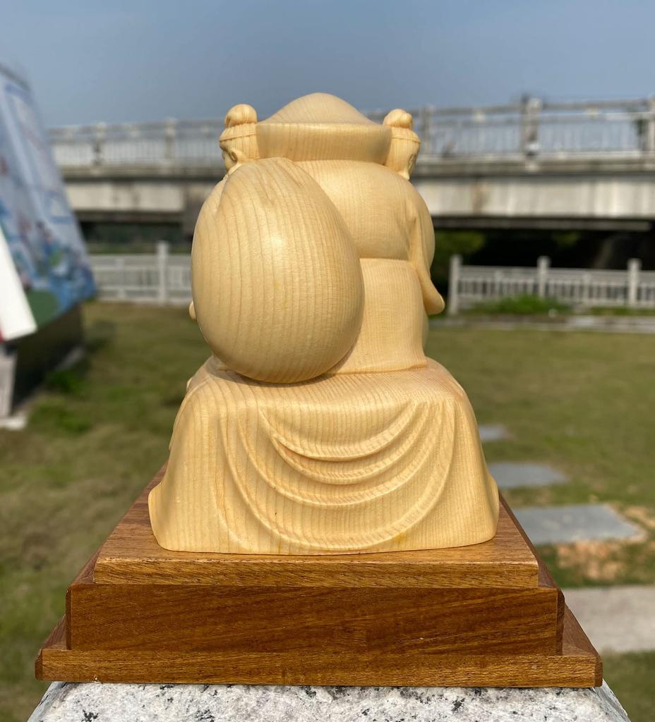 15cm Wooden Carved Buddha Made from Premium Cypress A guardian deity of career business and protection from Statue, Three-Faced Daikokuten, Wood.