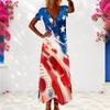 Women Plus Size V Neck Short Sleeve Navy Blue Printed Long Dress