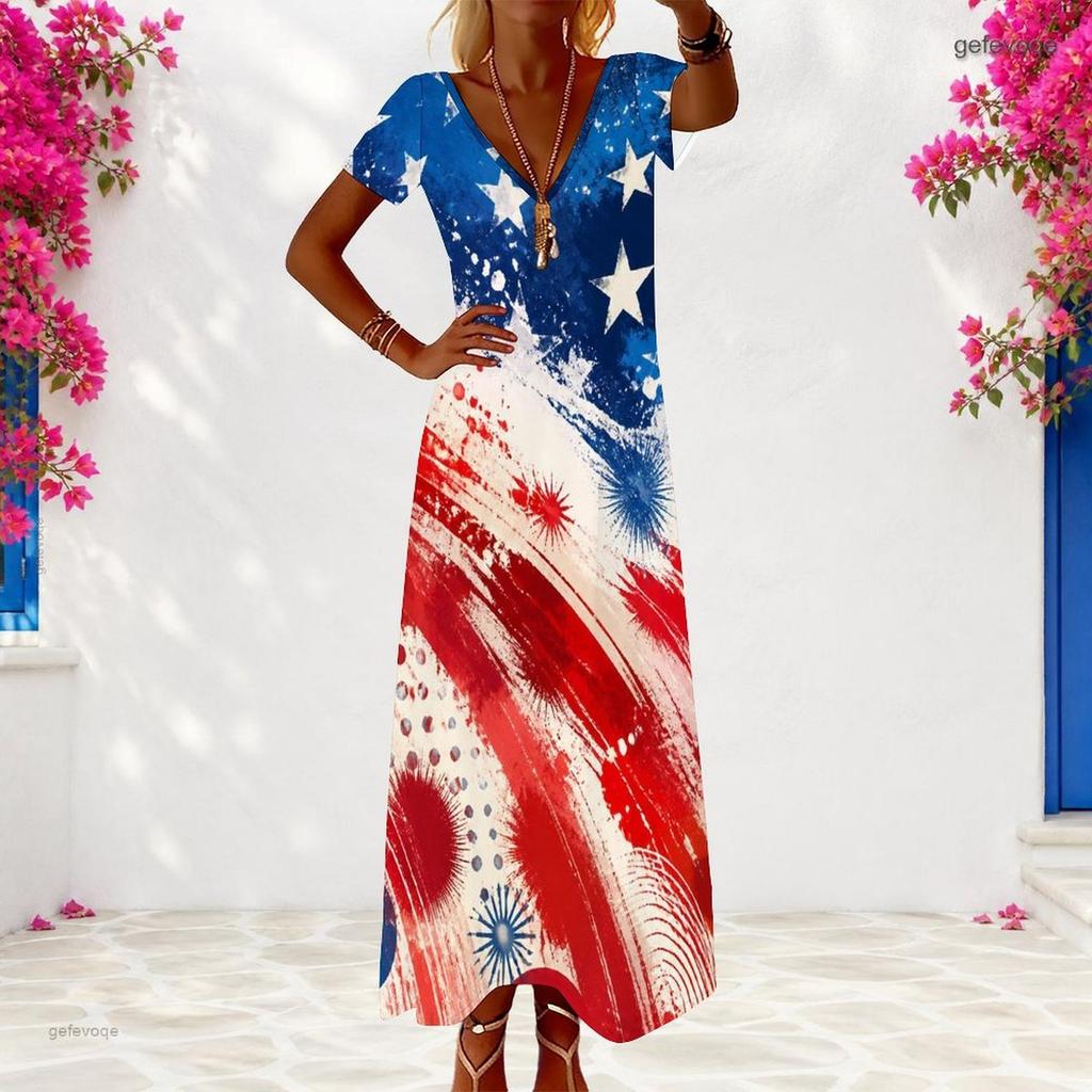 Women Plus Size V Neck Short Sleeve Navy Blue Printed Long Dress