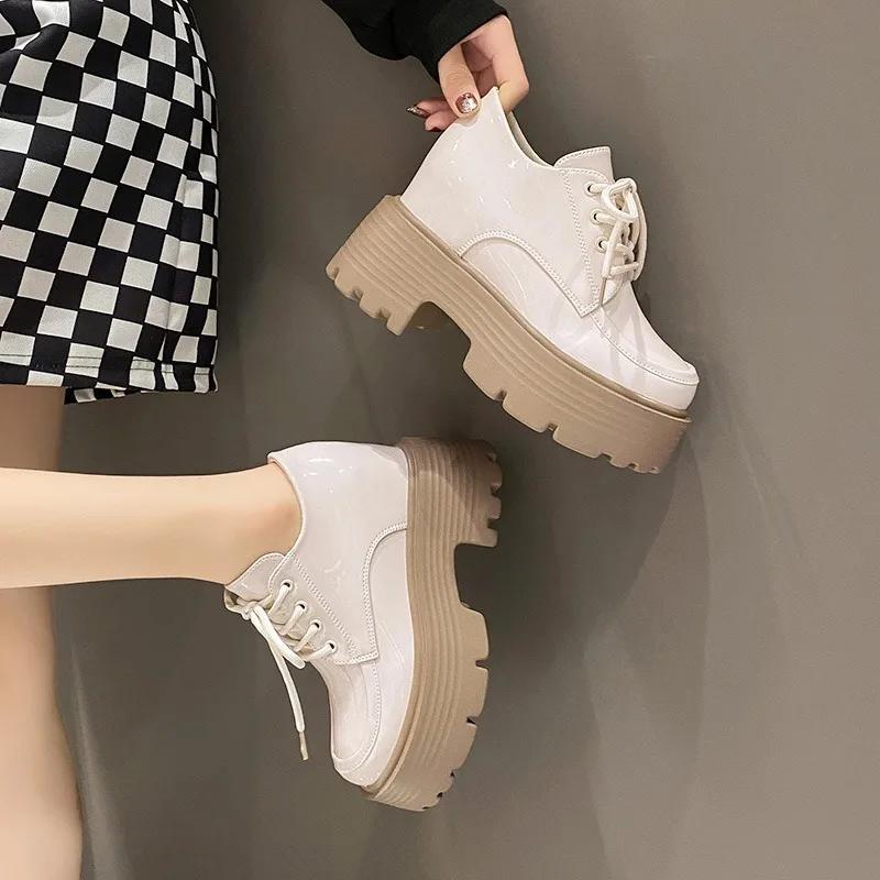 Fashion 10CM Women Patent Leather Platform Sneakers Wedge Heels Ladies Autumn Chunky Shoes Pumps Woman Lace-Up Thick Sole Casual Shoes