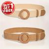 2pcs Boho Brown Straw Belts Classic Round Buckle Wide Belts Elegant Summer Beach Waistbands For Women Daily Use