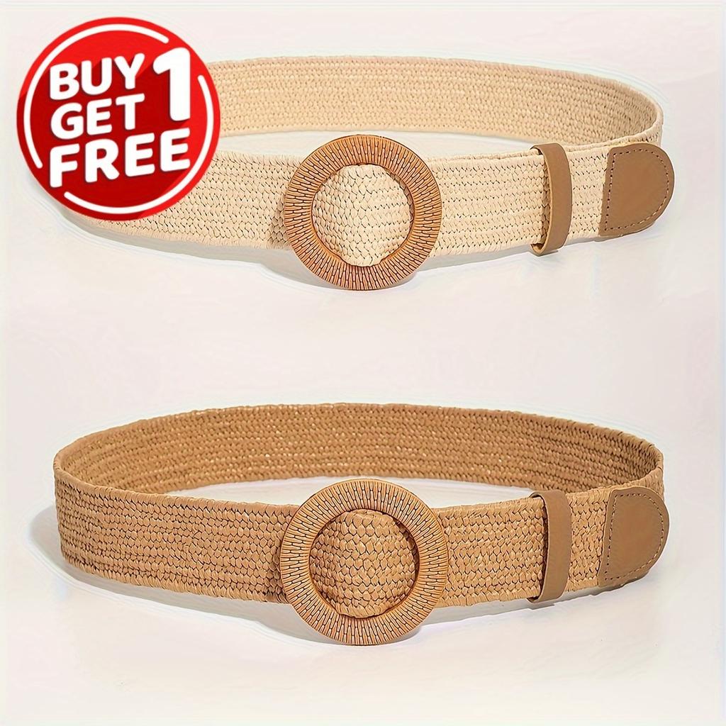 2pcs Boho Brown Straw Belts Classic Round Buckle Wide Belts Elegant Summer Beach Waistbands For Women Daily Use