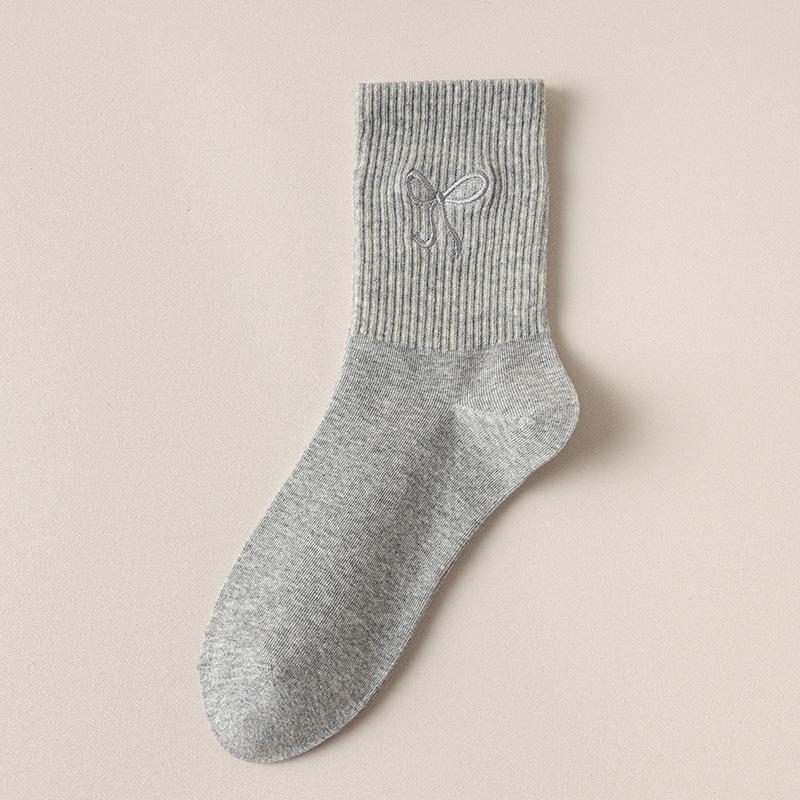 Bowknot Socks, Women's Mid-calf Socks, Solid Color Cotton Socks for Autumn and Winter, Ballet-style Sweat-absorbing and Odor-proof Women's Socks