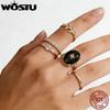 WOSTU 925 Sterling Silver Gold Plated Ring with Black Onyx Stackable Star Open Rings Minimalist Jewelry for Women Party Gift