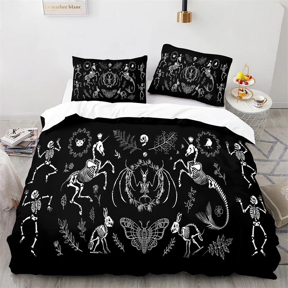 Gothic Skul King Quen Soft Duvet Cover Death Moth plus Flowers Beding Set Personalized Skeleton Bones Teal Polyester Comfortable Quilt Cover