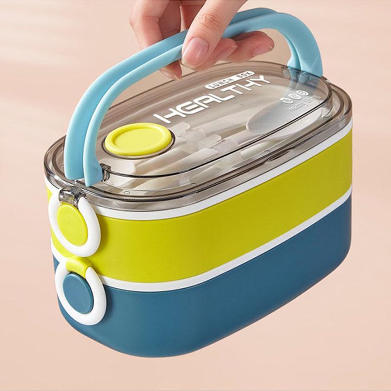 Double Layer Lunch Box Portable Microwave Bento Box Large Capacity Leakproof Food Container with Cutlery Set for Back To School