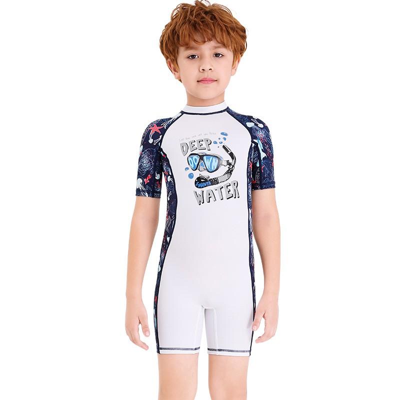 Children s Swimsuit Women s Short-sleeved One-piece Swimming Trunks Men Middle Small Sunscreen Quick-drying Hot Diving Suit L