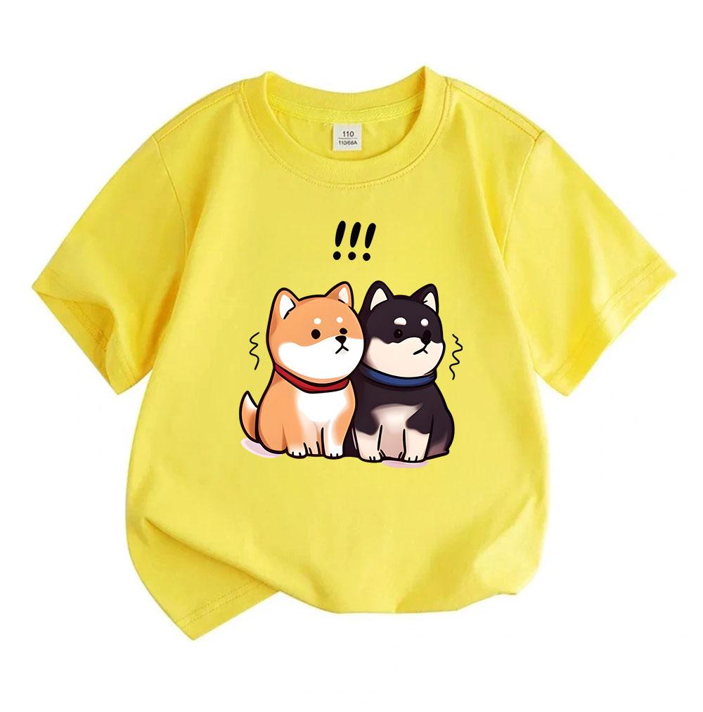 Kids Boys Girls Crew Neck Short Sleeve 100% Cotton T-shirt, Cute Cartoon Shiba Inu Couple Surprised Print Casual Soft Breathable Summer Tee for Childr