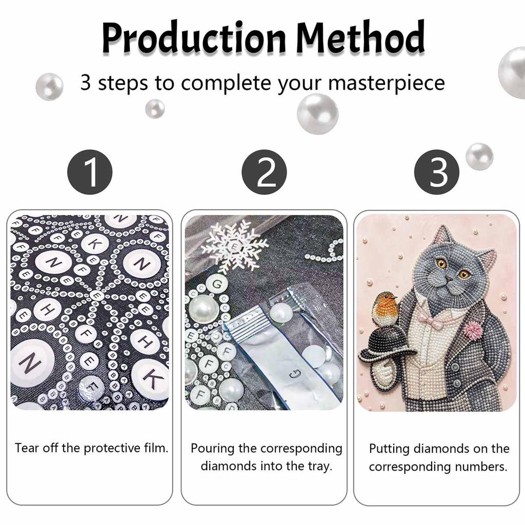 Relaxing DIY Pearl Painting Kit Framed with Dapper Cat and Bird Design 5D Sparkling Bead Canvas Craft for Girls Bedroom Decor Gift