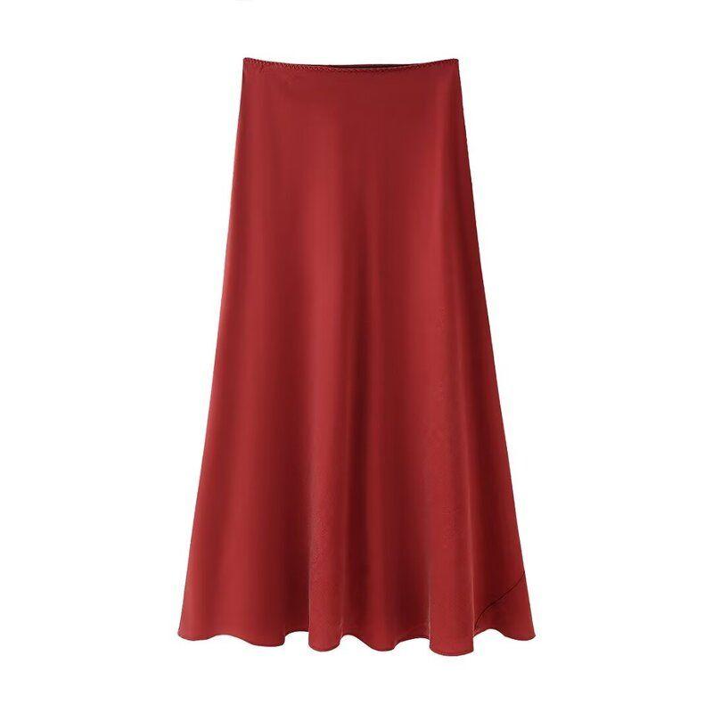 Fashion Style 2024 Fall and Winter New Women's Silk Satin Texture Blended Mid-Waist Midi Skirt Skirt 2548240