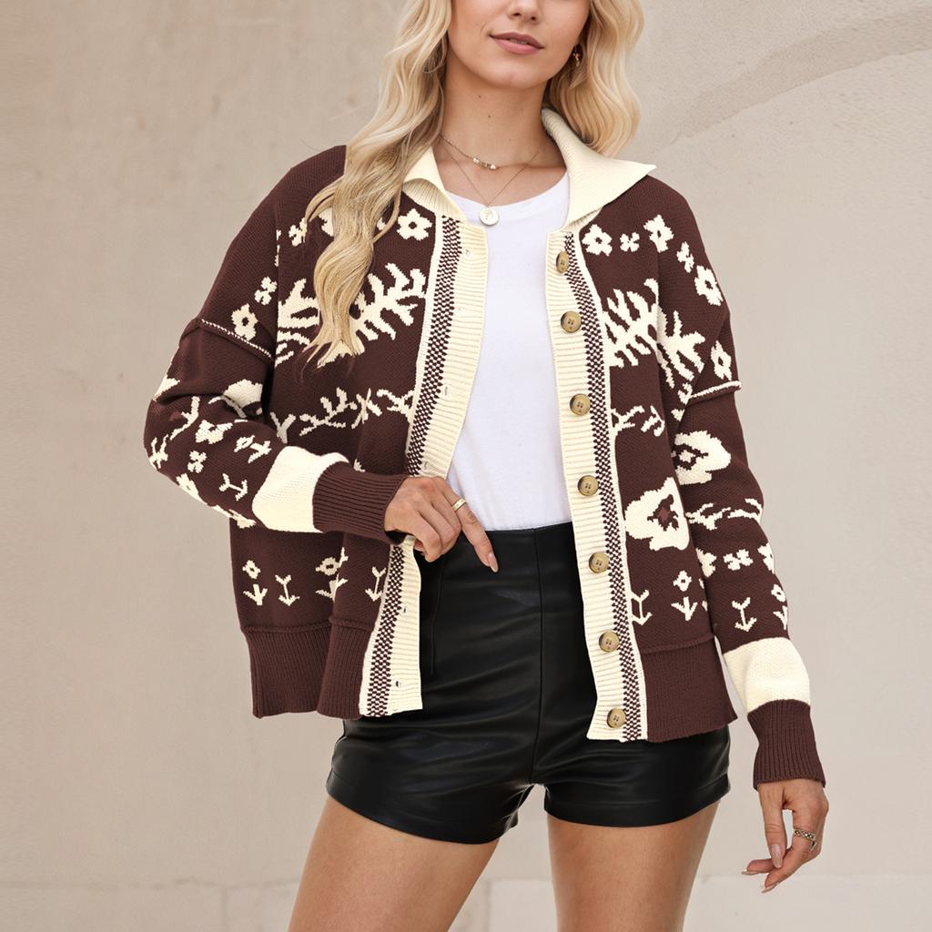 Women's Square Neck Button-Up Sweater Fashionable Loose-Fit Knit Cardigan Fuzzy Warm Coat