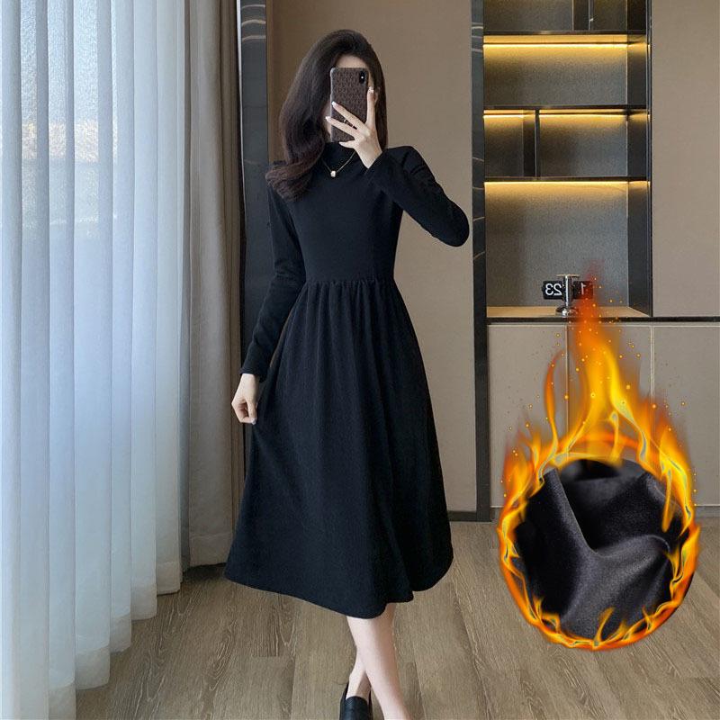 

Женское черное платье в стиле Хепберн: Полувысокий воротник, приталенный силуэт, длинные рукава, широкая юбка, миди-длина - Идеально для осени и зимы Medium чёрный