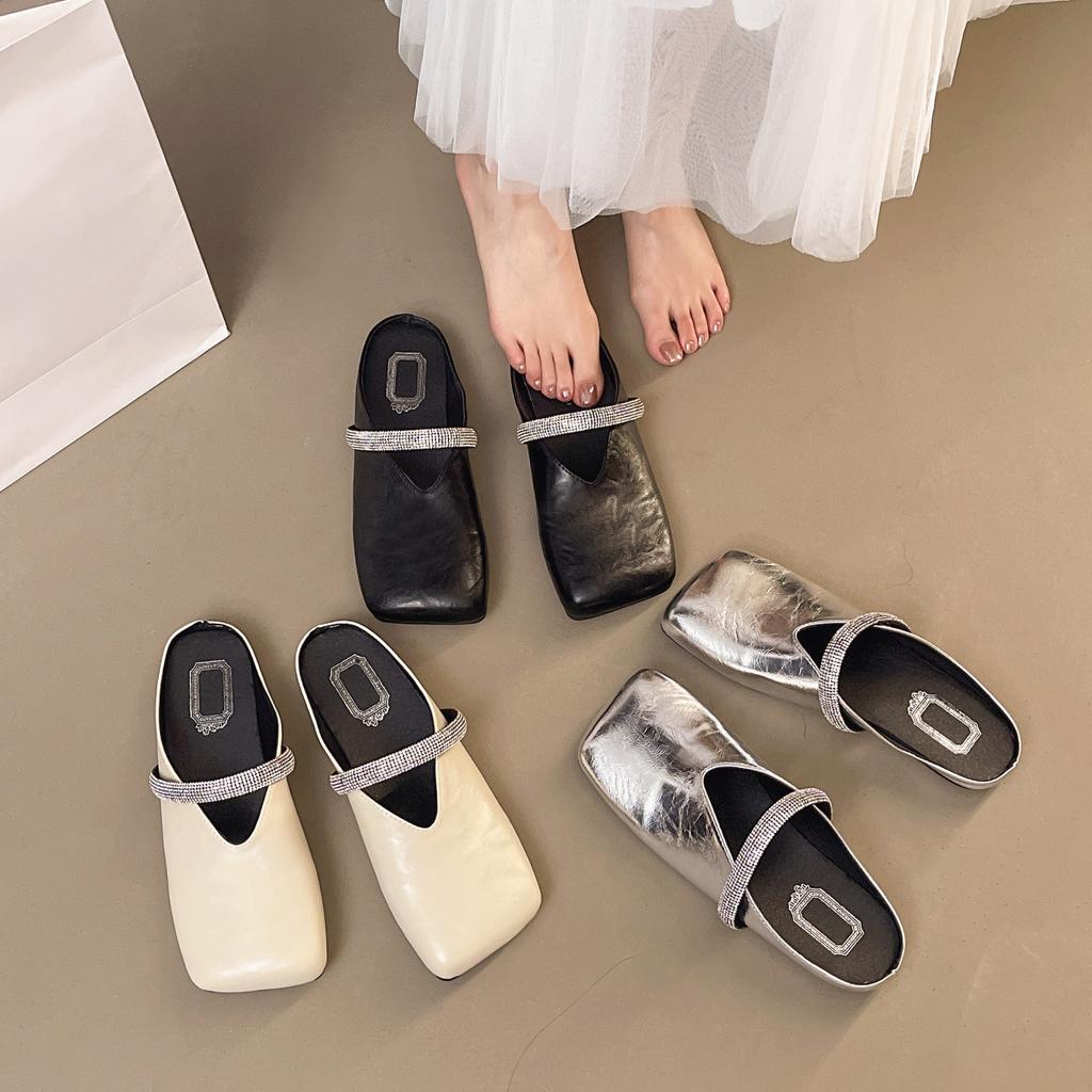 French Gentle Rhinestone Sparkling Slippers Female 2025 Summer New Square Head Slope Heel Evening Fairy Wind Cool Slippers