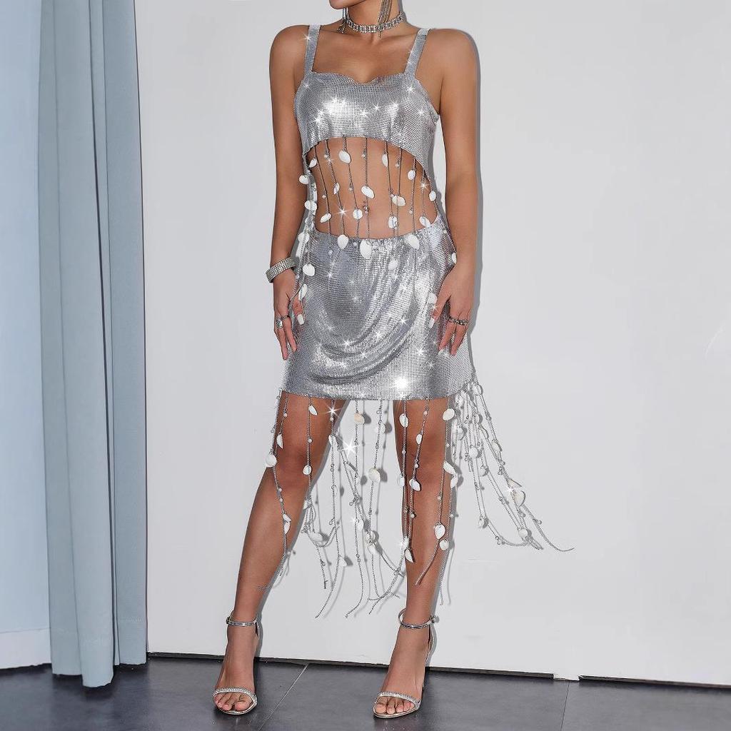 European & American Hot Selling Metal Sequin Sling Backless Women's Party Set 23883