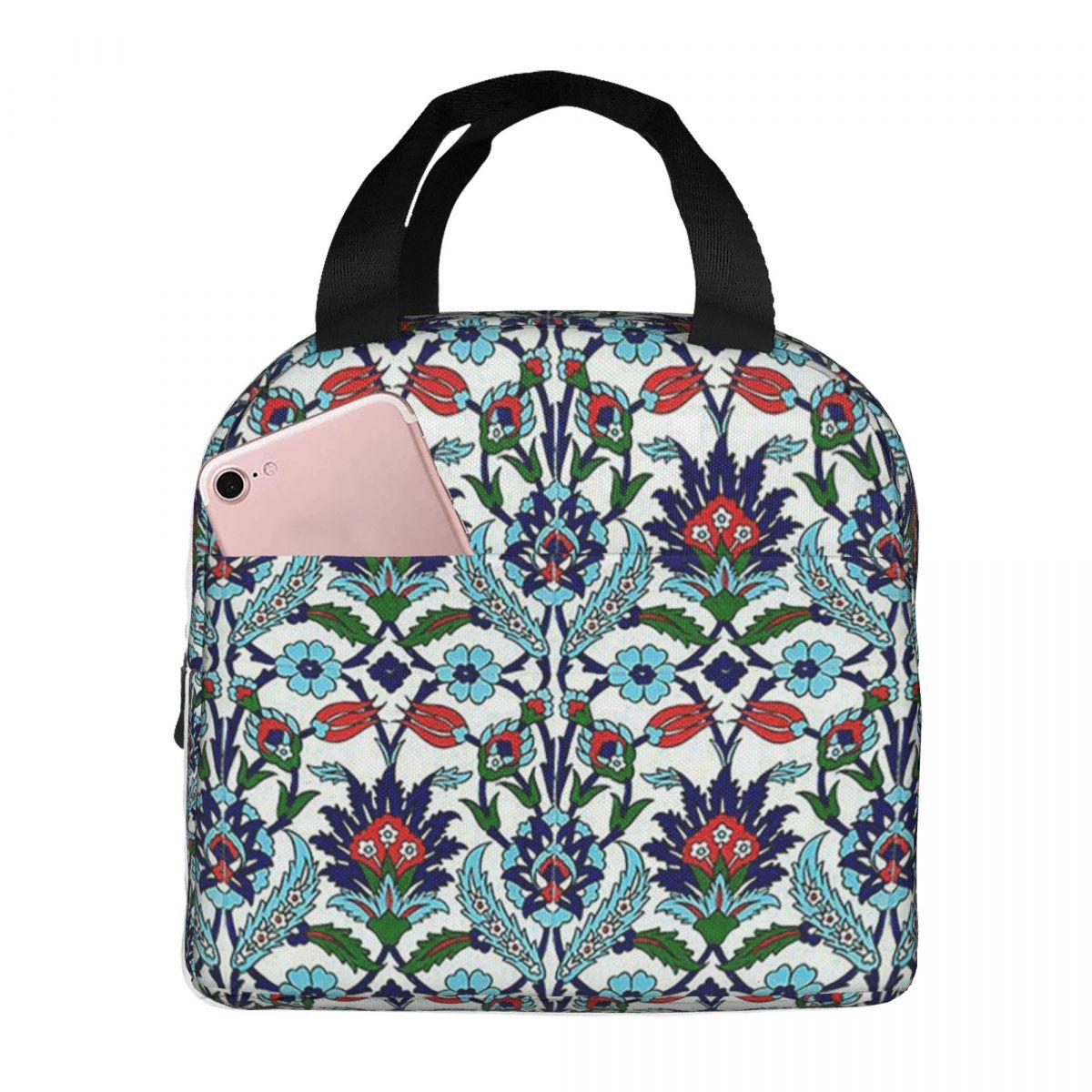 Turkish Iznik Floral Insulated Lunch Bag for Women Children Portable Food Boxes Thermal Lunch Box Tote One Size
