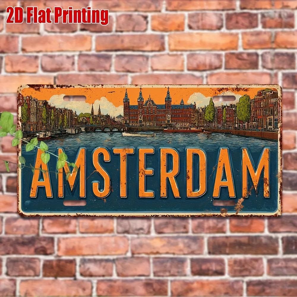 D Flat pc Vintage Amsterdam Metal License Plate Aluminum Wall Decor with Dutch Cityscape Suitable for Home Vehicle Garden 15x30cm(5.9x7.8inch)
