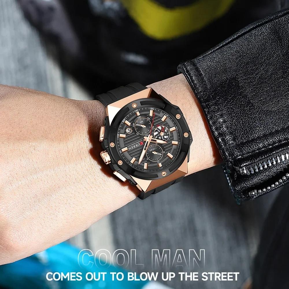 CURREN Fashionable Sports Multifunctional Chronograph Quartz Watch with Silicone Strap Creative Design Dial Luminous Hands