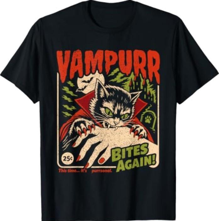Vampurr colpisce ancora! Maglietta Grafica Vintage Gatto Divertente Halloween4