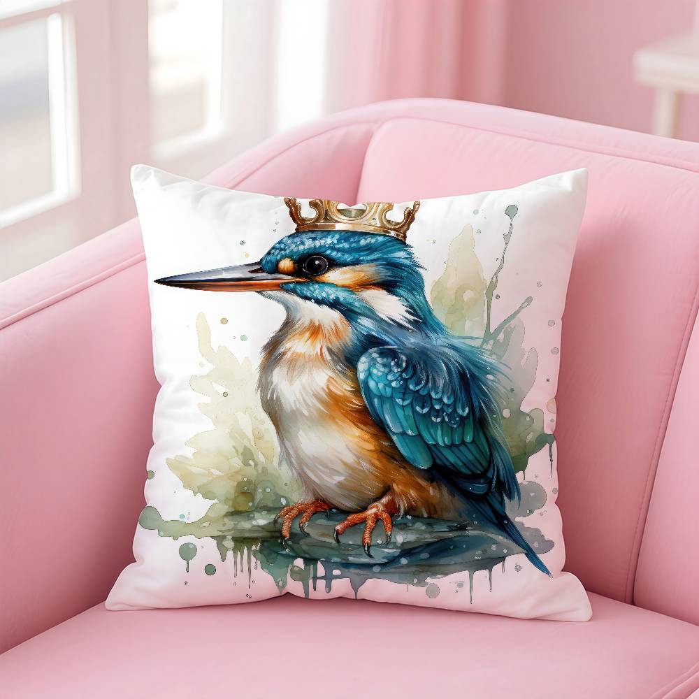 Kingfisher Watercolor Painting Pillow Case Comfort Sofa Bed Silky Elegant Invisible Zipper Custom Decorative Cushion Cover